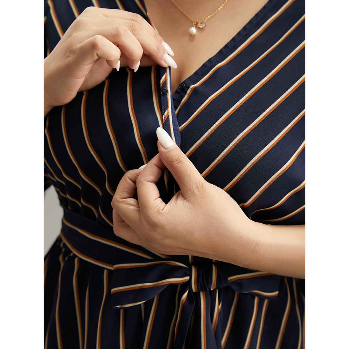 Plus Size Indigo Striped Overlap Collar Bell Sleeve Blouse Women Office Elbow-length sleeve Overlap Collar Work Blouses BloomChic 30/6X Product Image