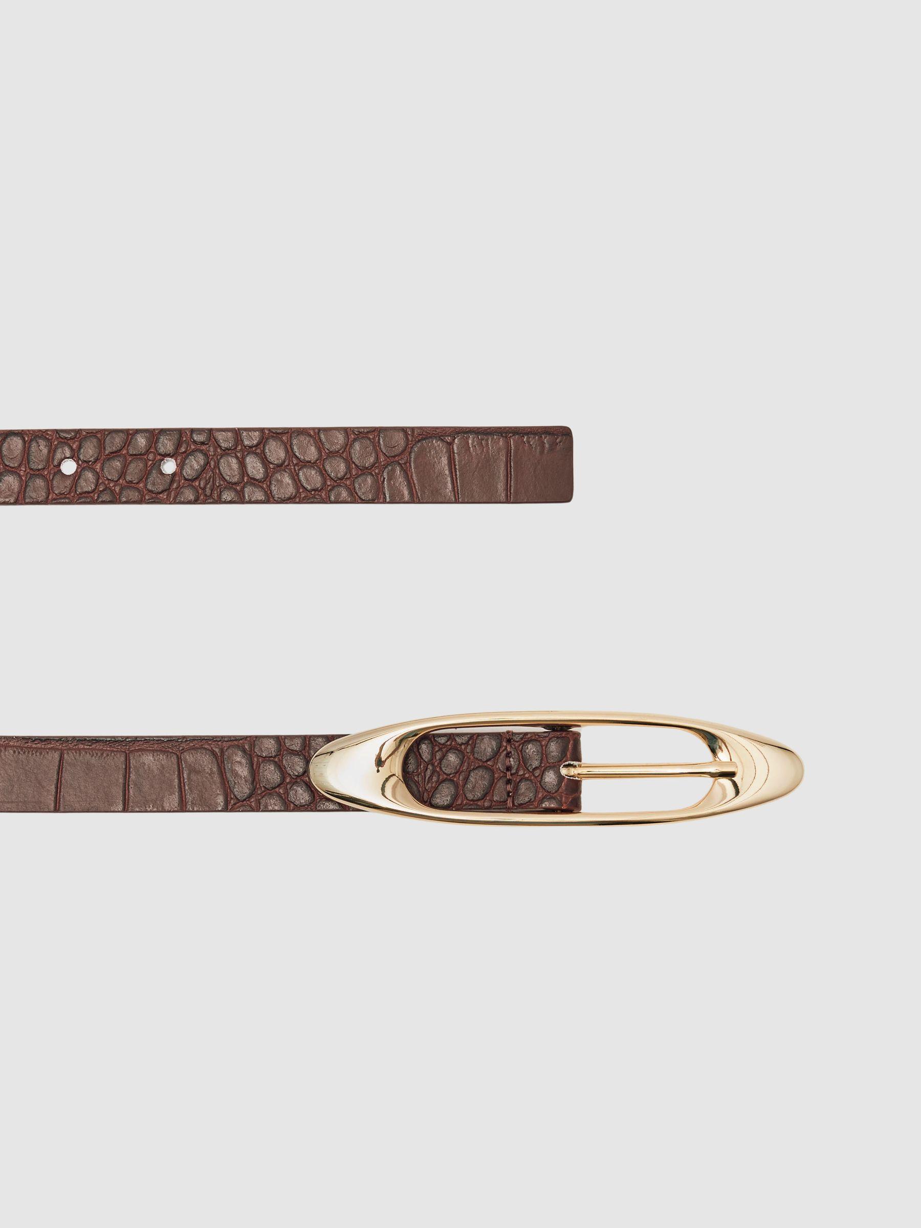 Croc-Effect Leather Oval-Buckle Belt in Burgundy Product Image