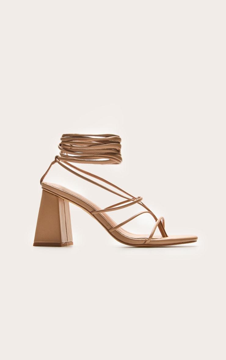 Nude Pu Square Toe Thong Strappy Lace Up Block Heeled Sandals Product Image
