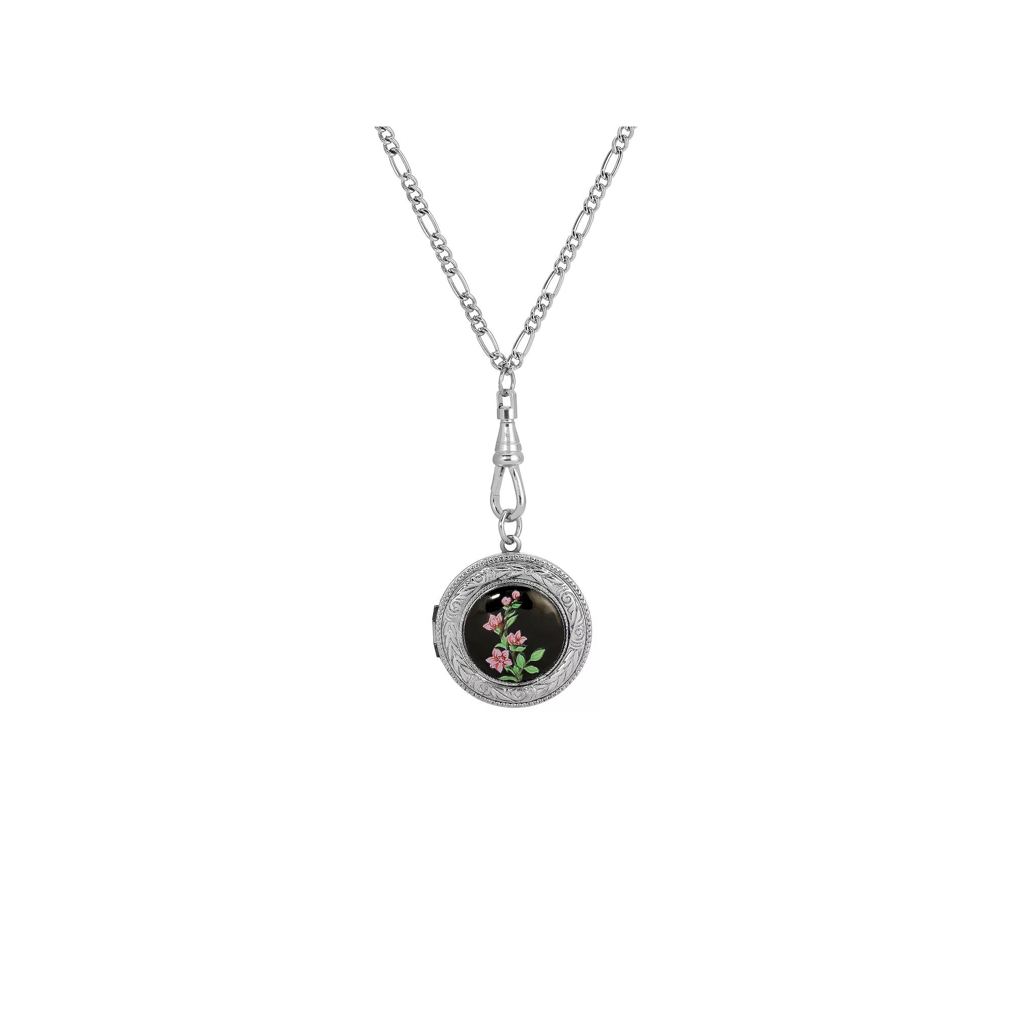 1928 Silver Tone Black Decal Pink Flowers Locket Necklace, Womens Product Image
