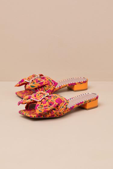 Garnet Orange Floral Pearl Bow Slide Sandals Product Image