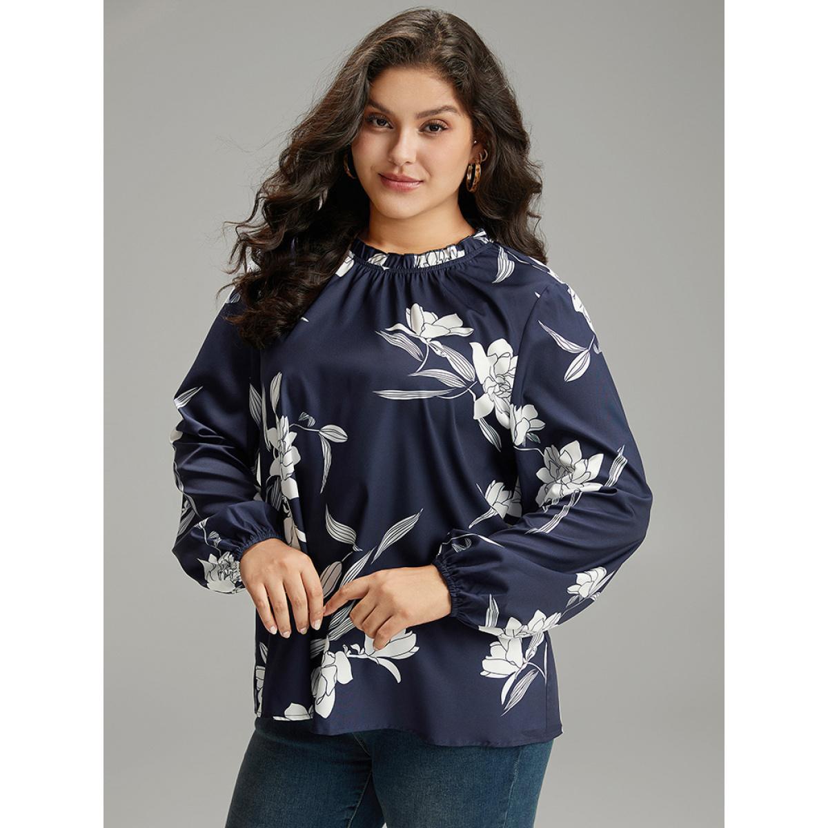 Plus Size Indigo Silhouette Floral Print Frill Trim Pleated Blouse Women Elegant Long Sleeve Round Neck Dailywear Blouses BloomChic 10/M Product Image
