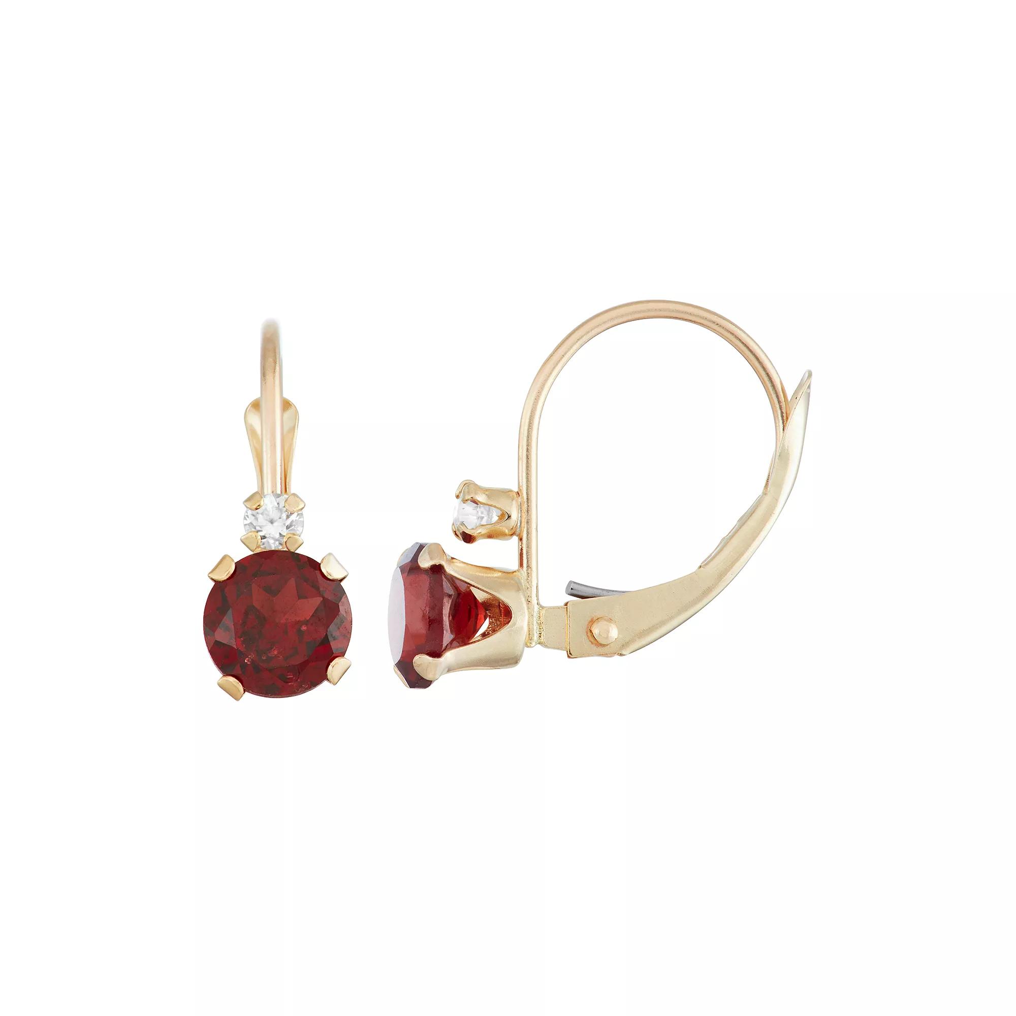 Designs by Gioelli 10k Gold Round-Cut Garnet & White Zircon Leverback Earrings, Womens, Red Product Image