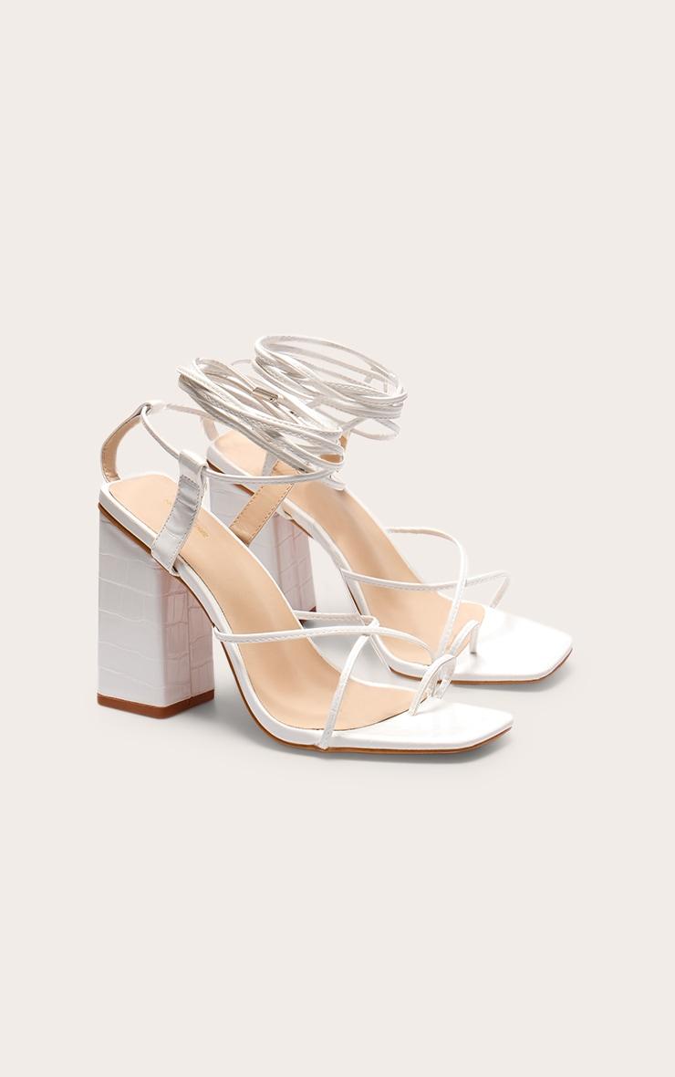 White Wide Fit Toe Loop Ankle Tie Chunky Block Heel Sandals Product Image