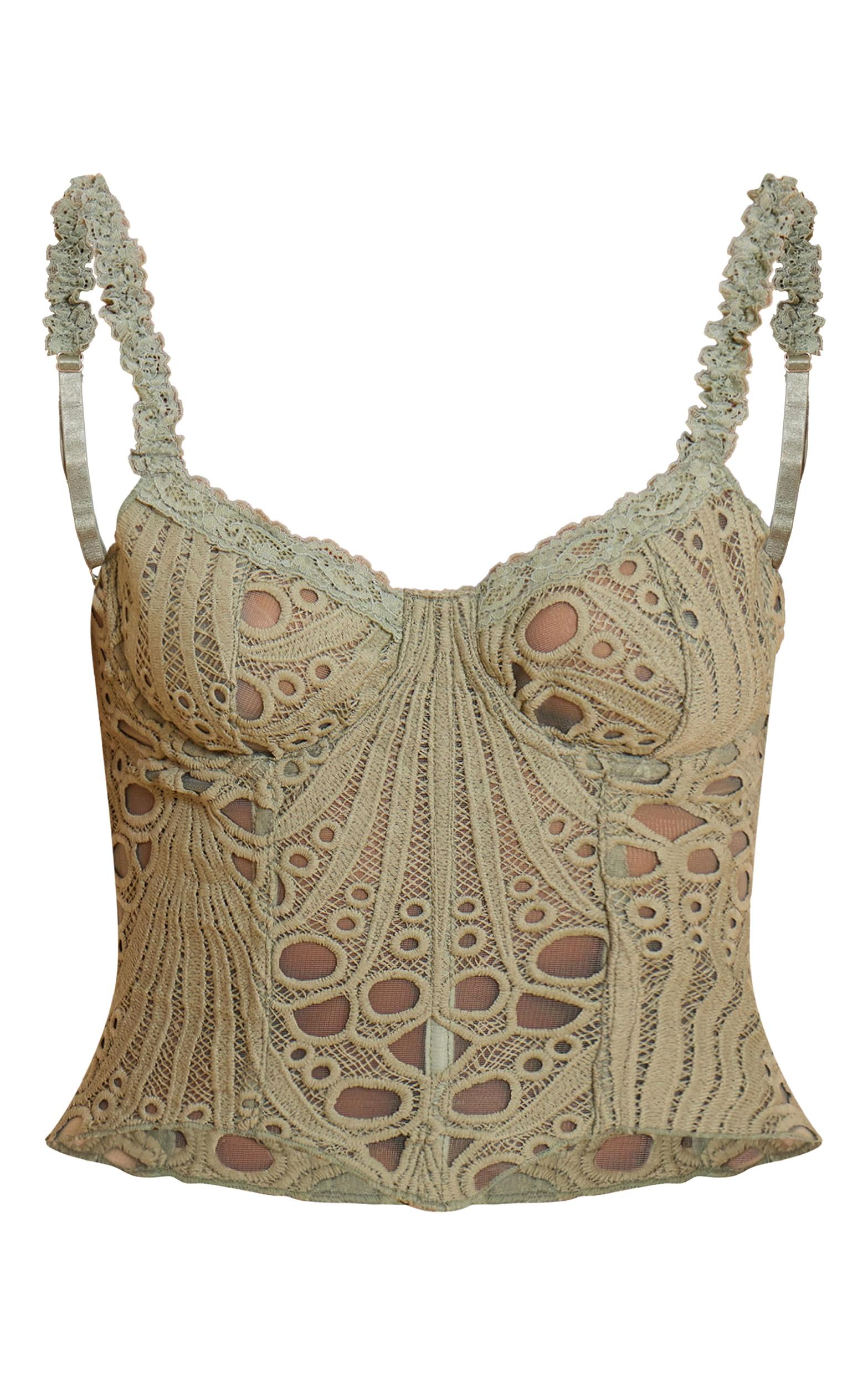 Sage Green Strappy Textured Sheer Floral Lace Corset Product Image