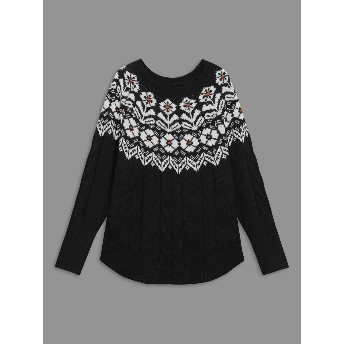 Plus Size Floral Cable Knit Curved Hem Pullover Black Women Casual Loose Long Sleeve Round Neck Everyday Pullovers BloomChic 14-16/1X Product Image