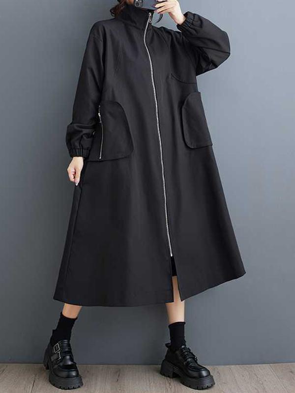 Long Sleeves Loose Elasticity Pockets Split-Joint Zipper High Neck Outerwear Trench Coats Product Image