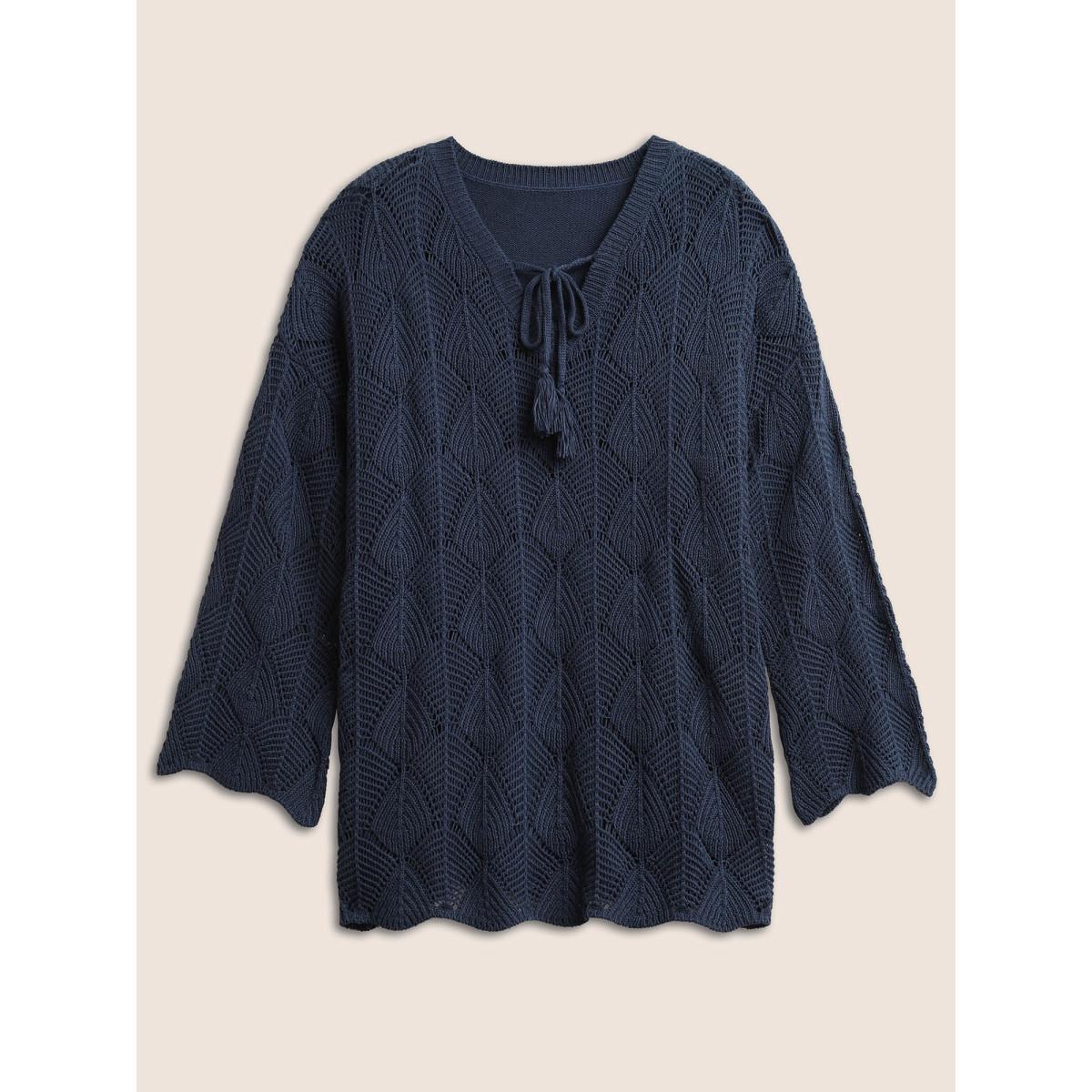 Plus Size Solid Hollow Out Tassel Knot Neck Pullover Midnight Women Casual Long Sleeve V-neck Everyday Pullovers BloomChic 12/L Product Image