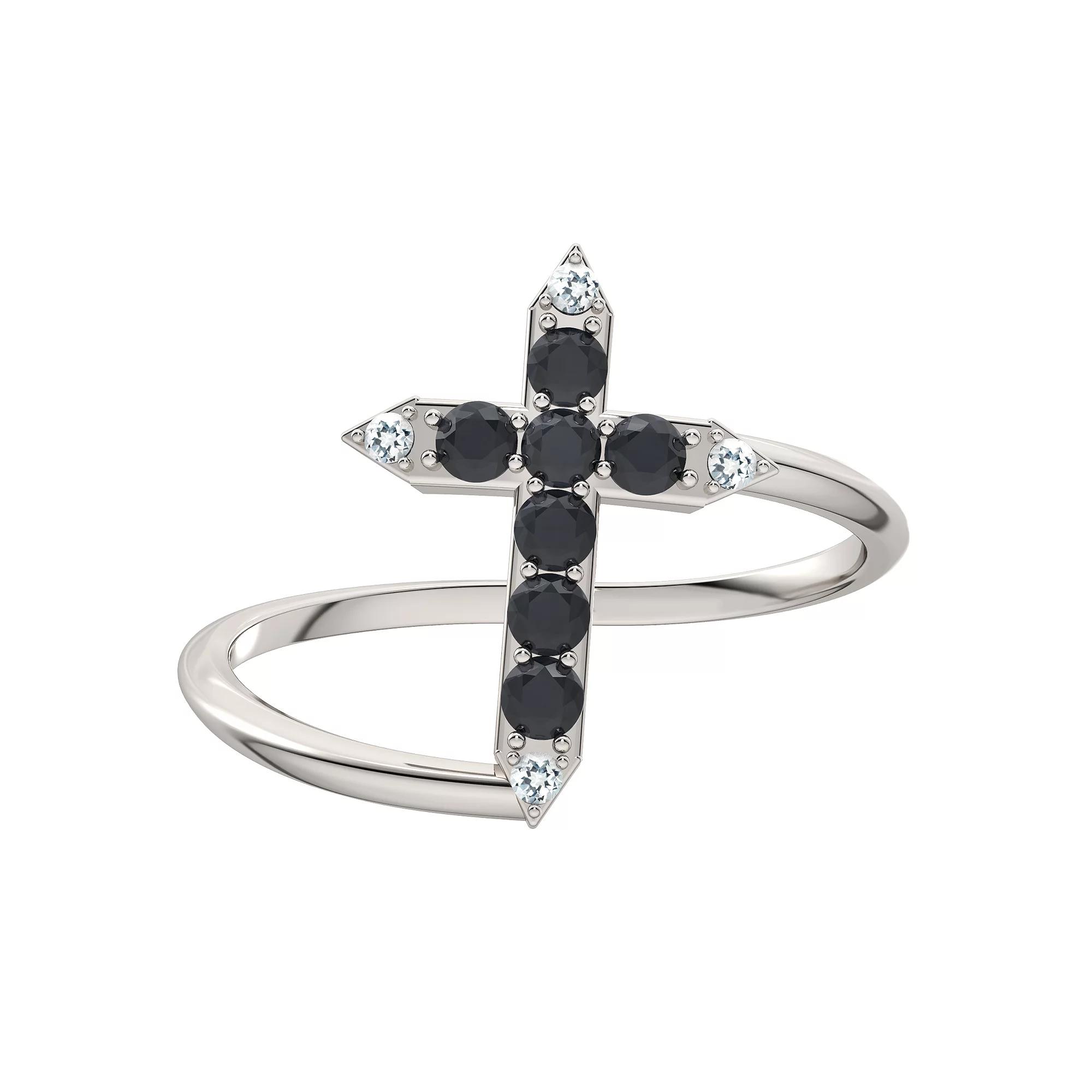 Sterling Silver Black Onyx & Diamond Cross Bypass Ring, Women's, Size: 7 Product Image