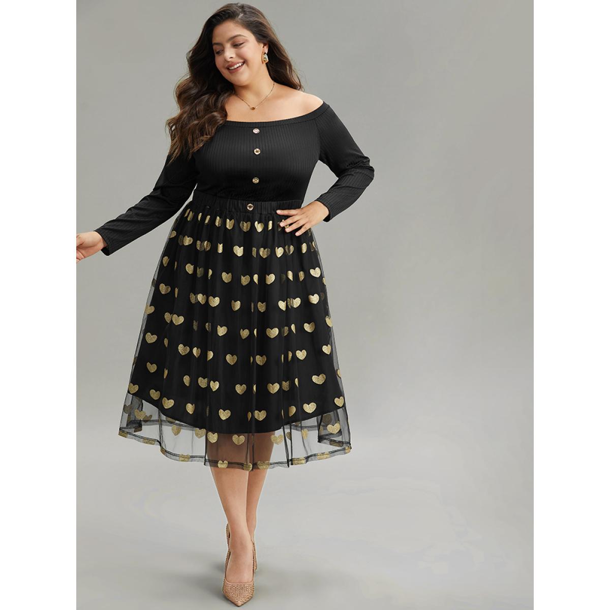 Plus Size Heart Print Rib Knit Button Detail Off Shoulder Dress Black Women Elegant Printed One-shoulder neck Long Sleeve Curvy Midi Dress BloomChic 22-24/3X Product Image