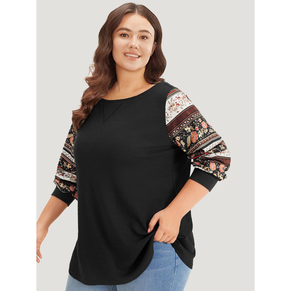 Plus Size Boho Print Patchwork Crew Neck Sweatshirt Women Black Casual Elastic cuffs Round Neck Everyday Sweatshirts BloomChic 14-16/1X Product Image