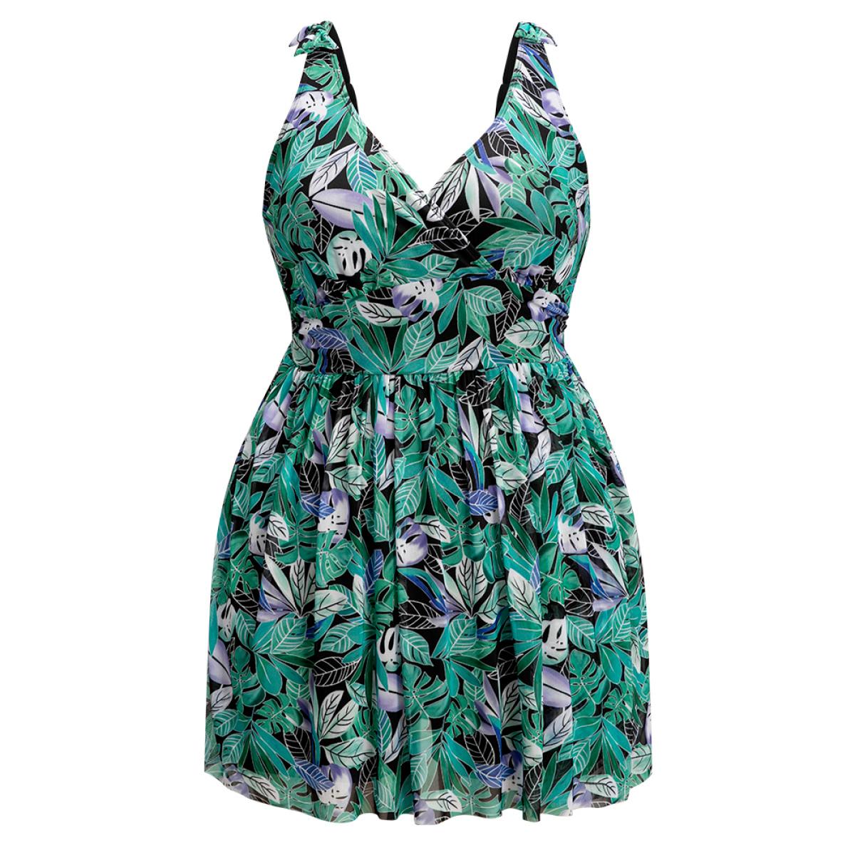 Plus Size Tropical Print Bow Sculpt Waist Split Swim Dress Women's Swimwear BlackFlower Vacation Bodycon V-neck High stretch Curve Swim Dresses BloomChic 12/L Product Image