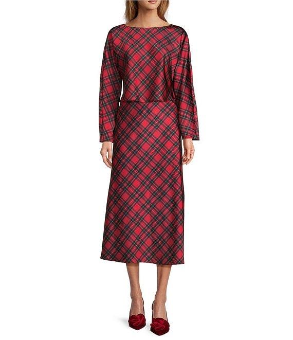 Antonio Melani Blyss Plaid Boat Neck Long Sleeve Coordinating Satin Blouse Product Image