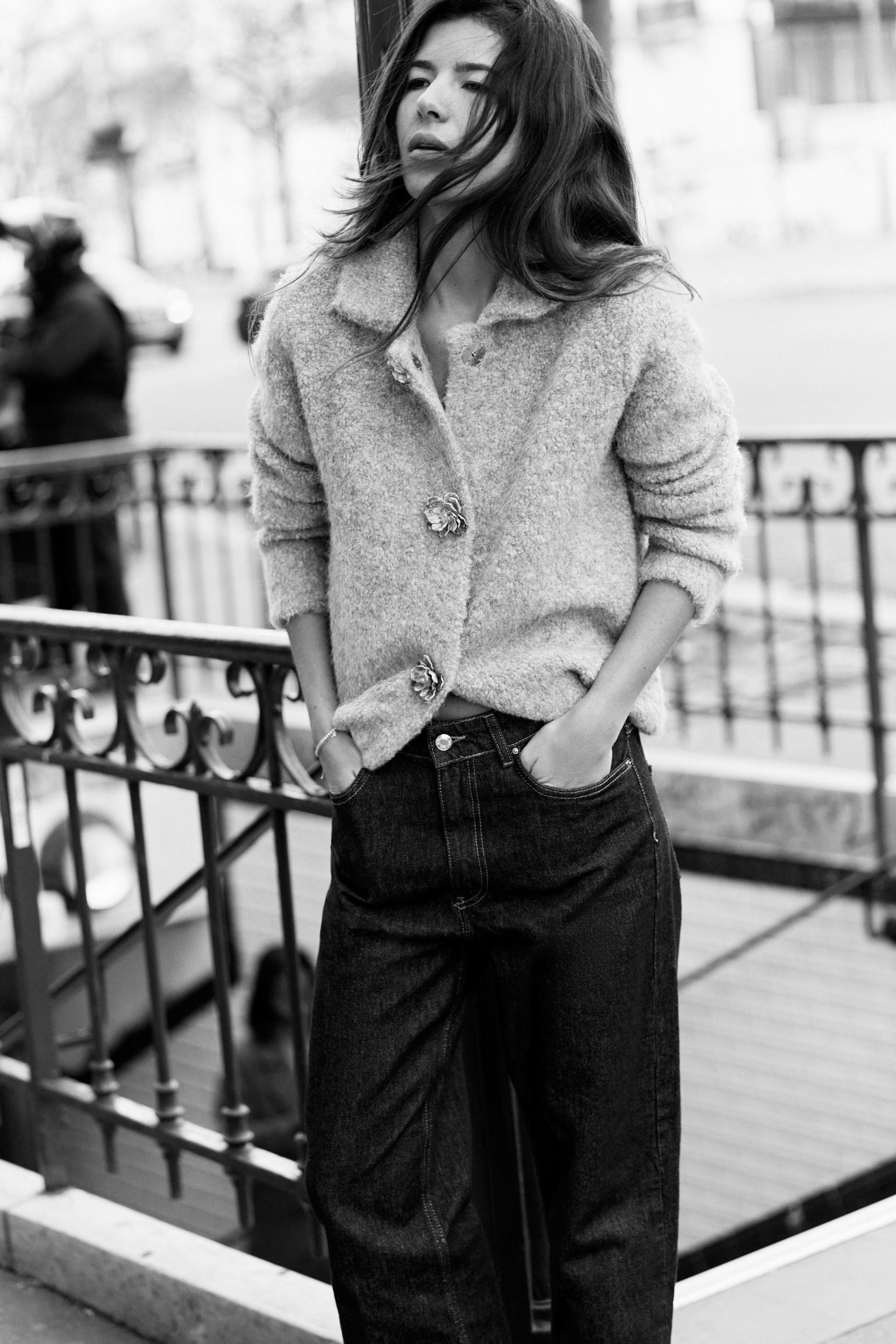 FAUX FUR KNIT CARDIGAN WITH FLOWER BUTTONS Product Image