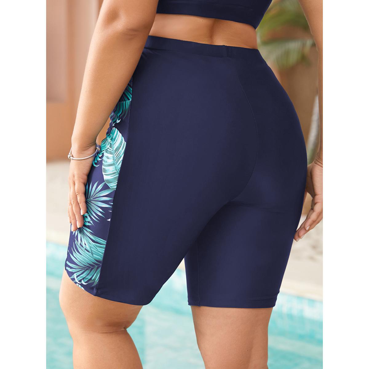 Plus Size Plant Patchwork Pocket Side Swim Shorts Women's Swimwear Indigo Vacation Patchwork High stretch Skinny High Rise Pocket Curve Swim Bottoms BloomChic 18-20/2X Product Image