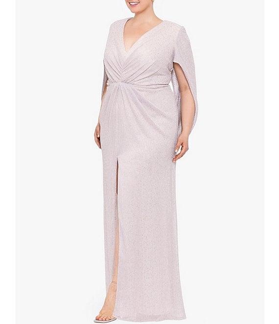 Betsy & Adam Plus Size 3/4 Cape Sleeve Deep V-Neck Drape Back Long Dress Product Image