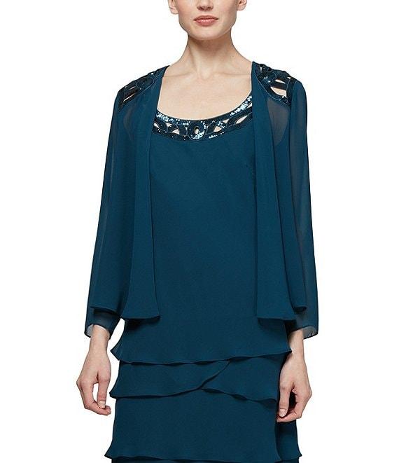 Ignite Evenings Sequin Detail Scoop Neck Long Sleeve Chiffon Tiered 2-Piece Jacket Dress Product Image
