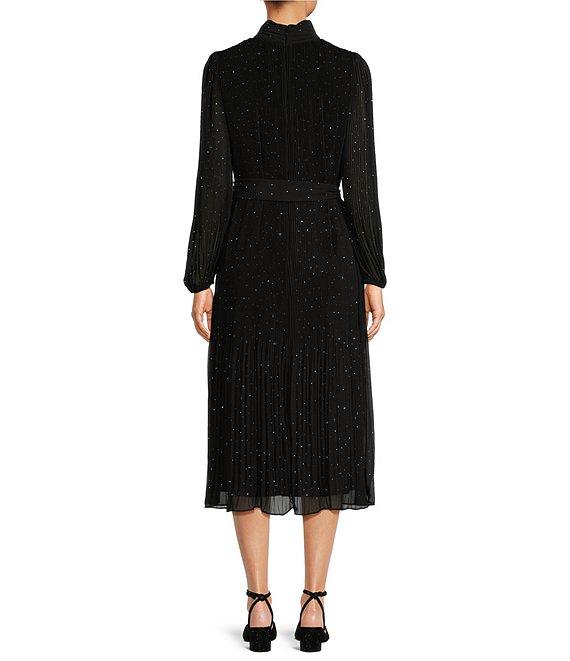Alex Marie Jolene Rhinestone Mock Neck Long Sleeve Tie Waist Pleated Flounce Midi Shift Dress Product Image
