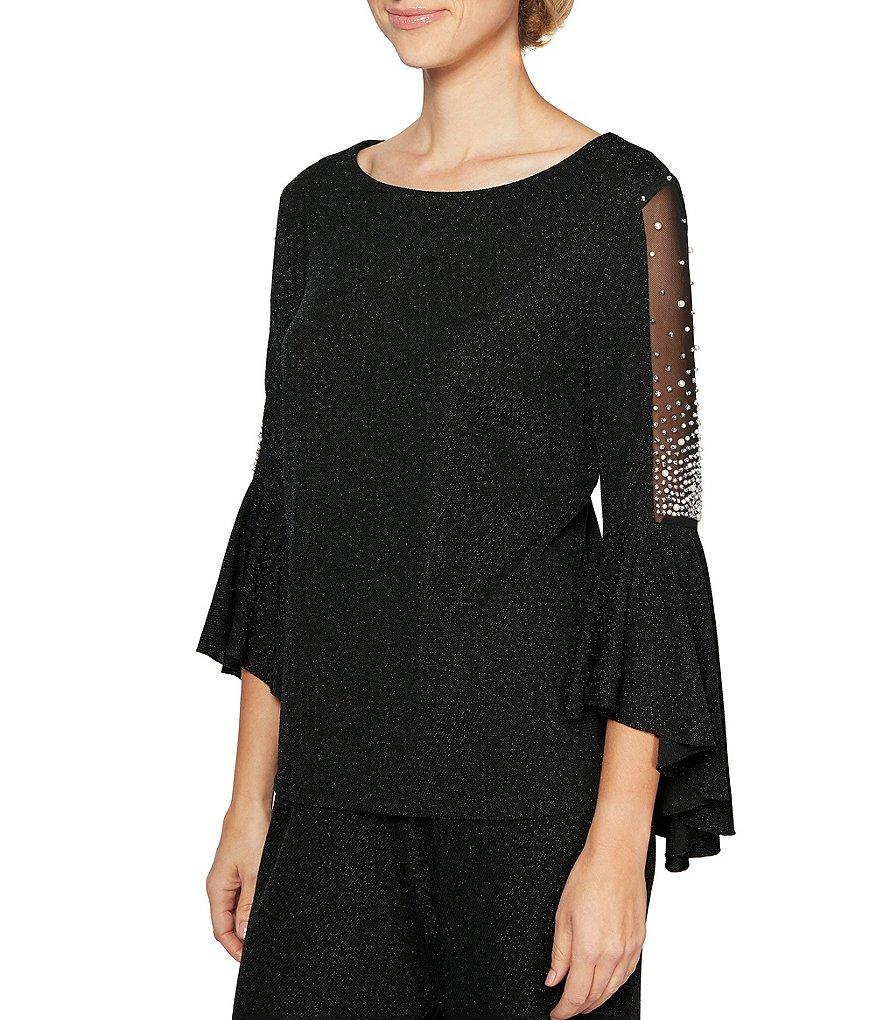 Alex Evenings Petite Size Metallic Knit 3/4 Cascade Beaded Bell Sleeve Blouse Product Image