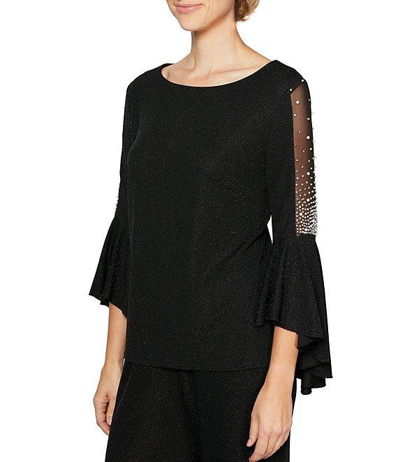 Alex Evenings Petite Size Metallic Knit 3/4 Cascade Beaded Bell Sleeve Blouse Product Image