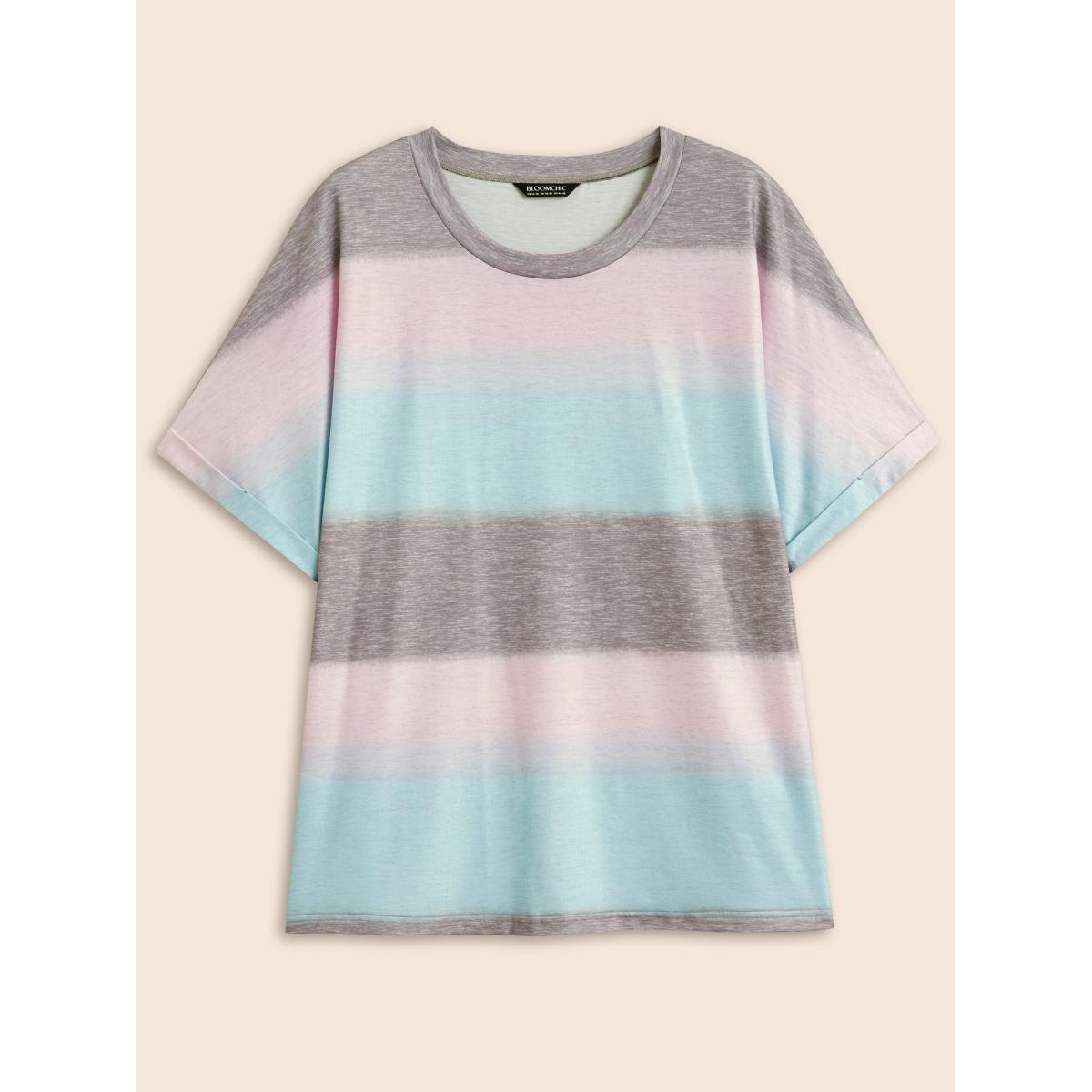 Plus Size Striped Contrast Roll Dolman Sleeve T-shirt Multicolor Women Casual Contrast Striped Round Neck Everyday T-shirts BloomChic 28/5X Product Image