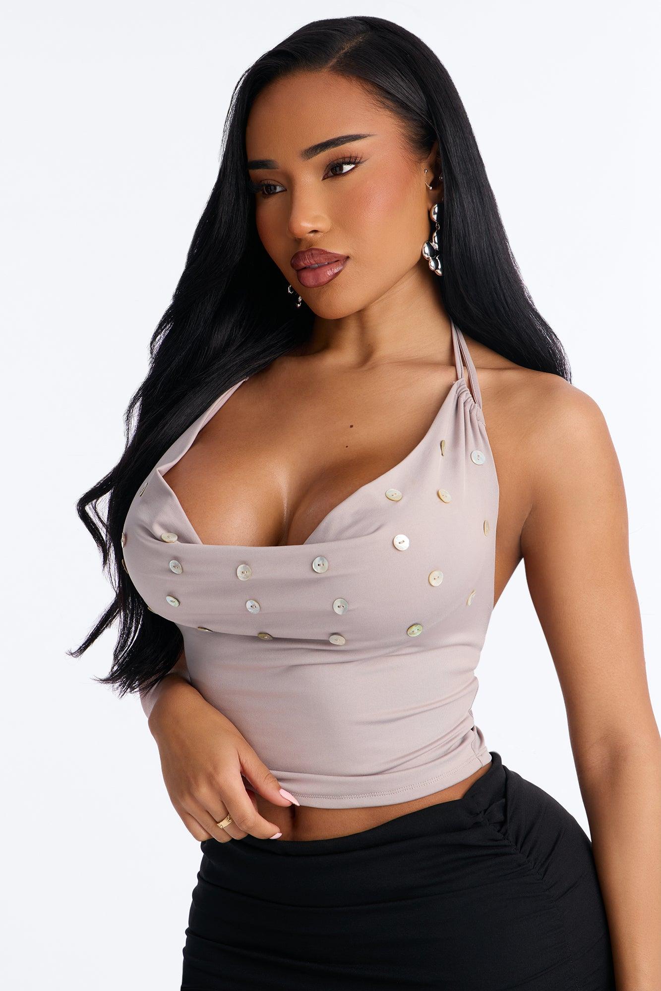 Electric Aura Embellished Cowl Neck Halter Top - Grey Female Product Image