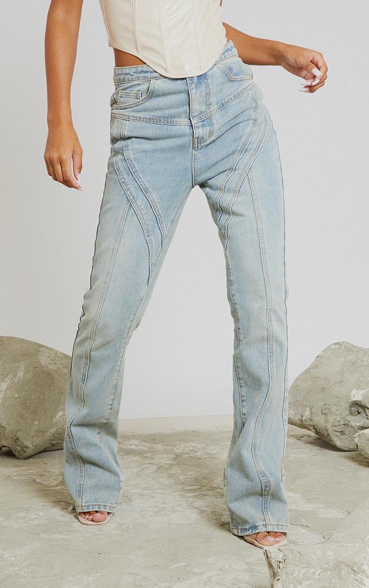 Vintage Wash Seam Detail Long Leg Straight Jeans Product Image