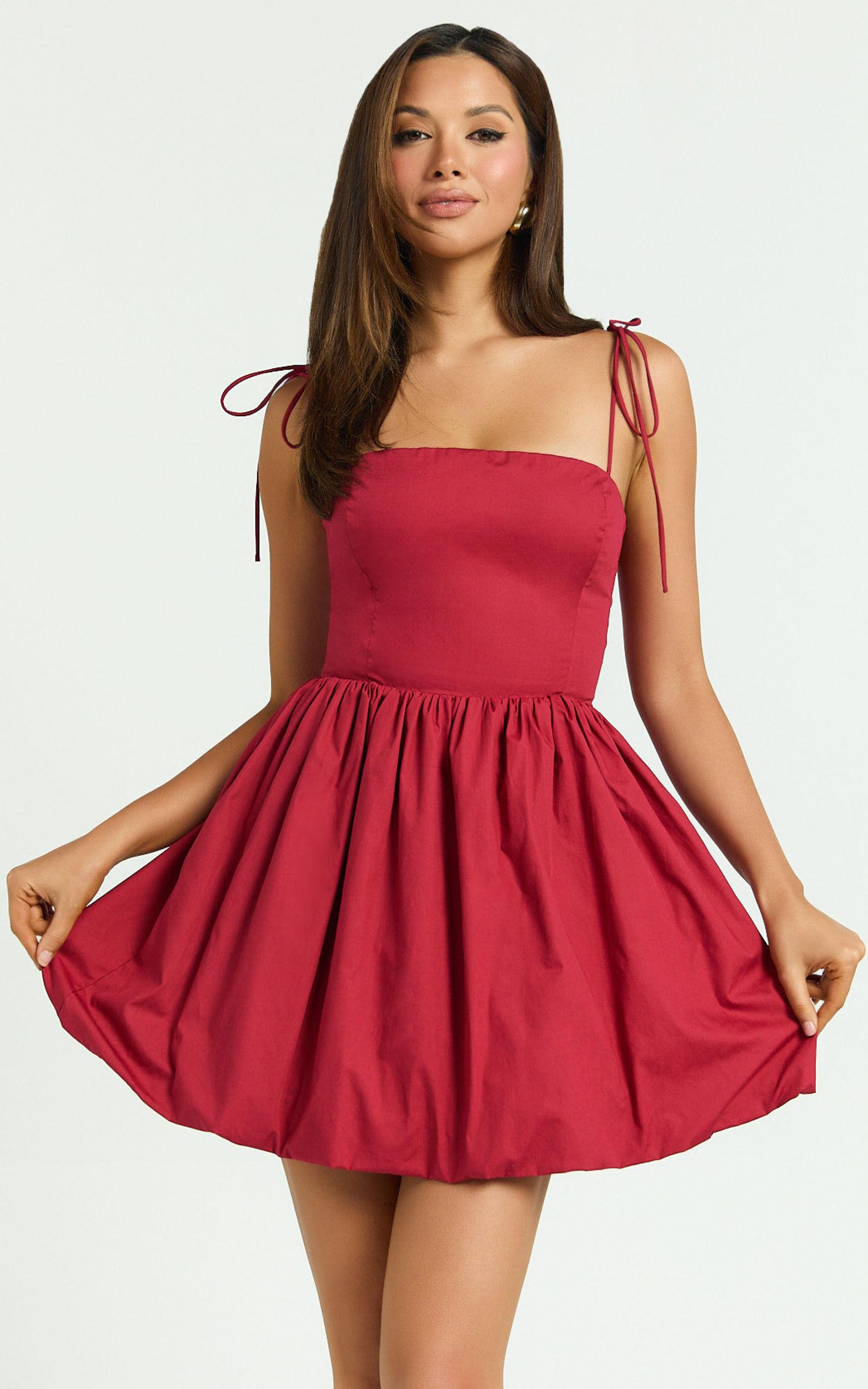 Kimberly Mini Dress - Square Neck Bubble Hem Dress in Red Product Image