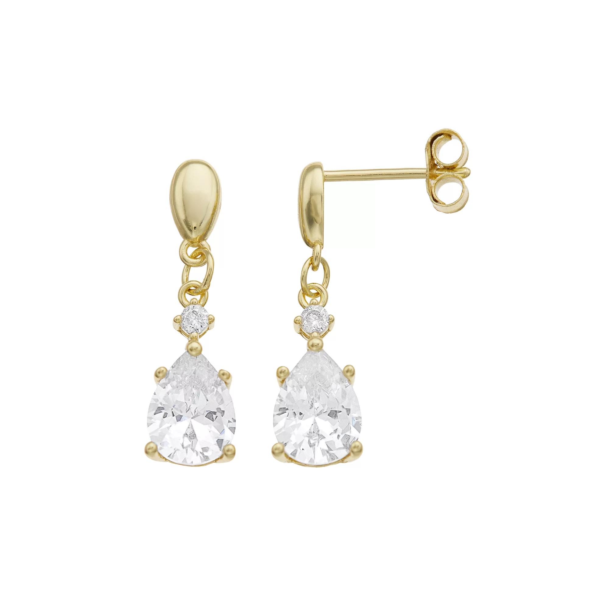 14k Gold Over Silver & Cubic Zirconia Teardrop 2-Stone Dangle Earrings, Womens, Gold Tone Product Image