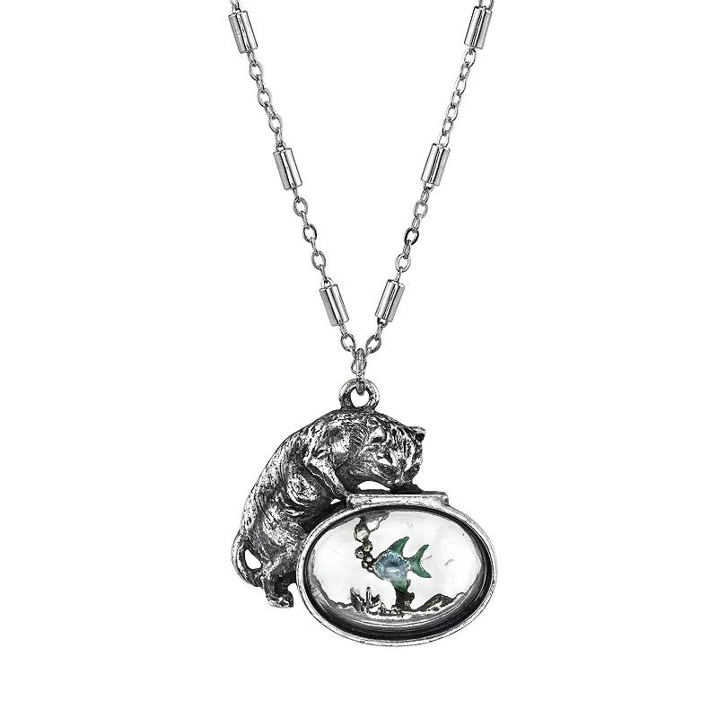 1928 Cat & Fish Pendant Necklace, Womens, Blue Product Image