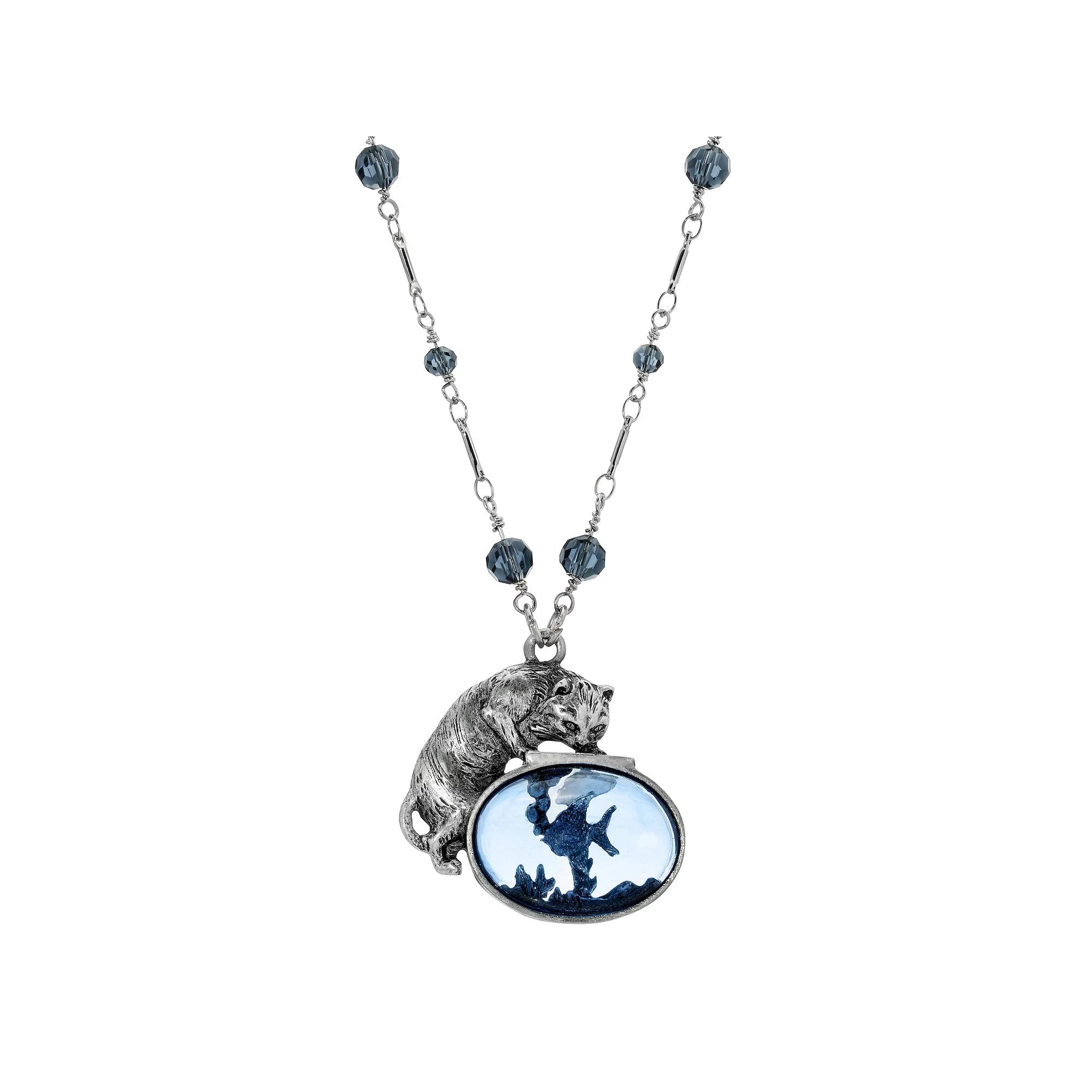 1928 Silver Tone Montana Blue Beaded Cat & Fish Necklace, Womens Product Image