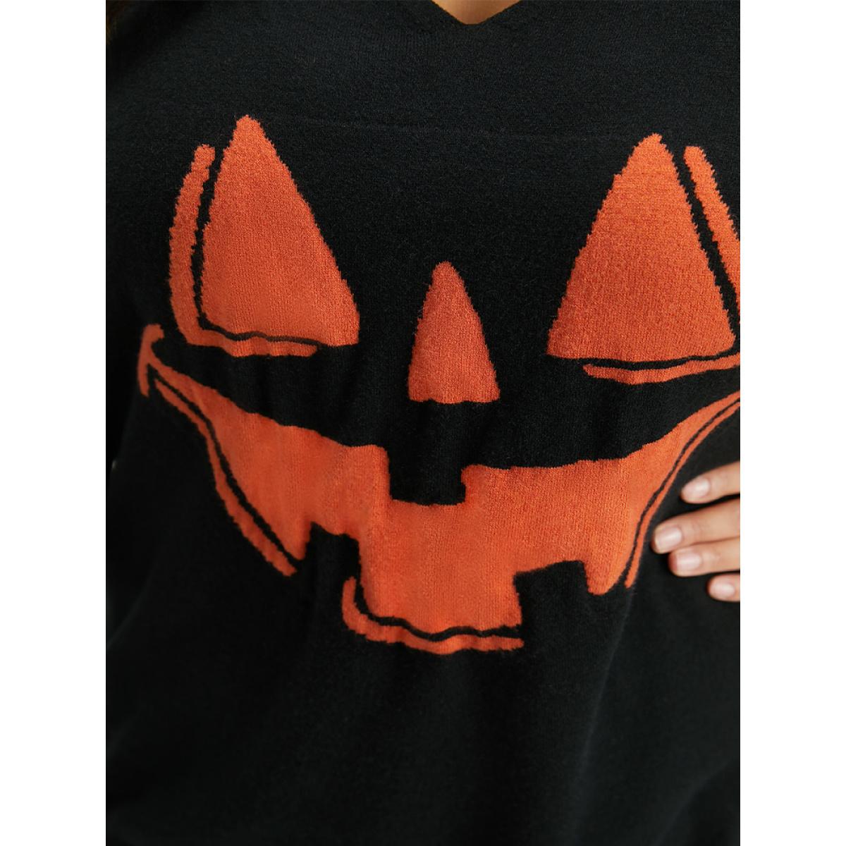 Plus Size Anti-Pilling Halloween Graphic Pullover Black Women Casual Loose Long Sleeve V-neck Festival-Halloween Pullovers BloomChic 28/5X Product Image