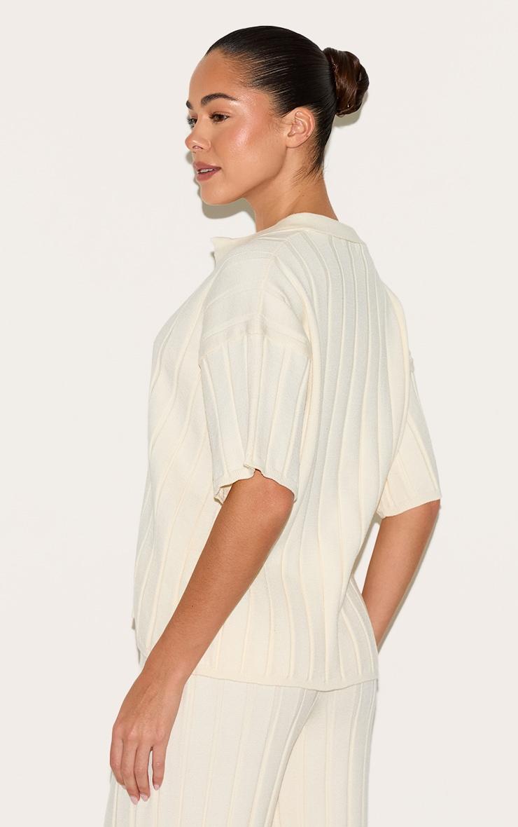 Cream Rib Knit Oversized Polo Top Product Image