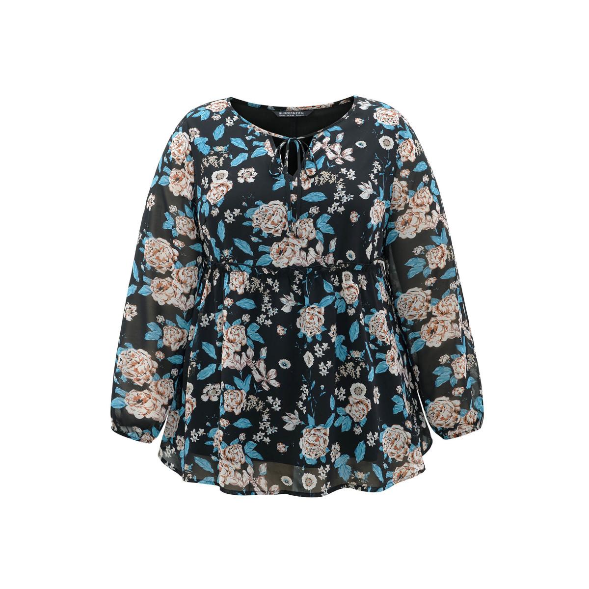 Plus Size BlackFlower Chiffon Floral Print Ties Flutter Trim Blouse Women Elegant Long Sleeve Tie Neck Work Blouses BloomChic 30/6X Product Image