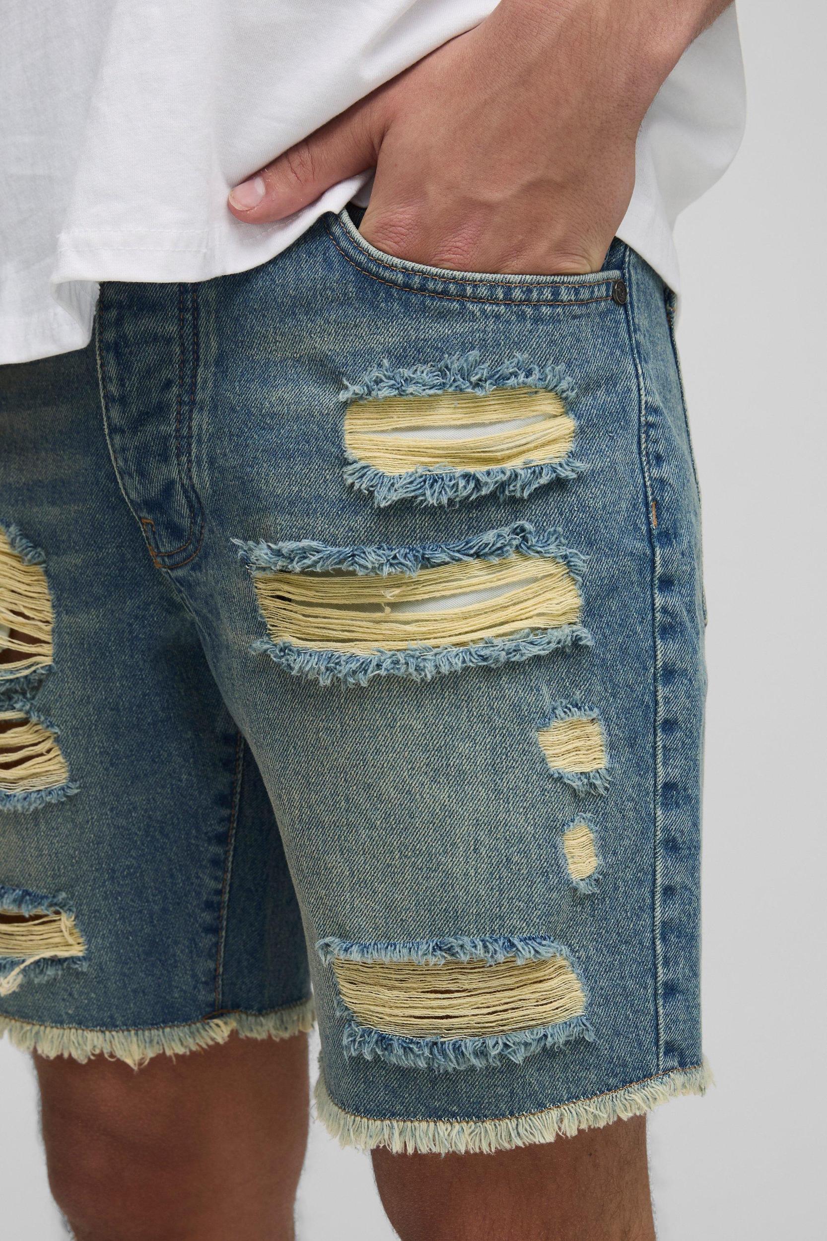 Straight Fit Ripped Washed Blue Jean Shorts | boohooMAN USA Product Image