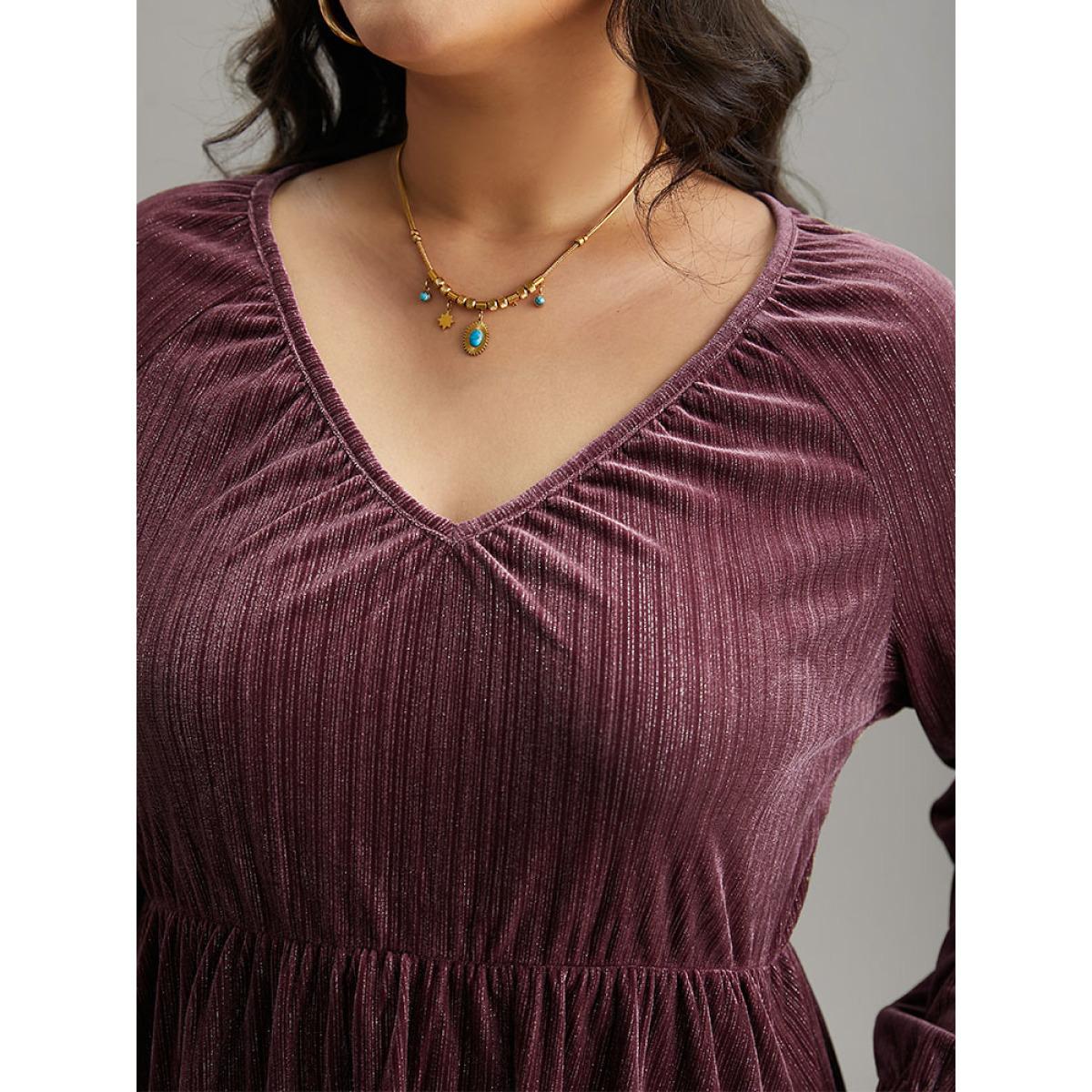 Plus Size Plain Velvet Gathered Elastic Waist Dress DustyPink Women Vacation Elastic cuffs V-neck Long Sleeve Curvy Midi Dress BloomChic 12/L Product Image