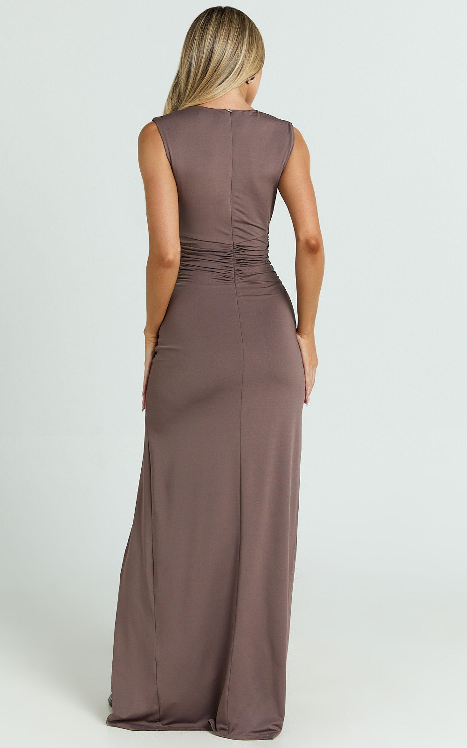 Ysolde Maxi Dress - Wide Strap Plunge Bodycon Dress in Mocha Product Image