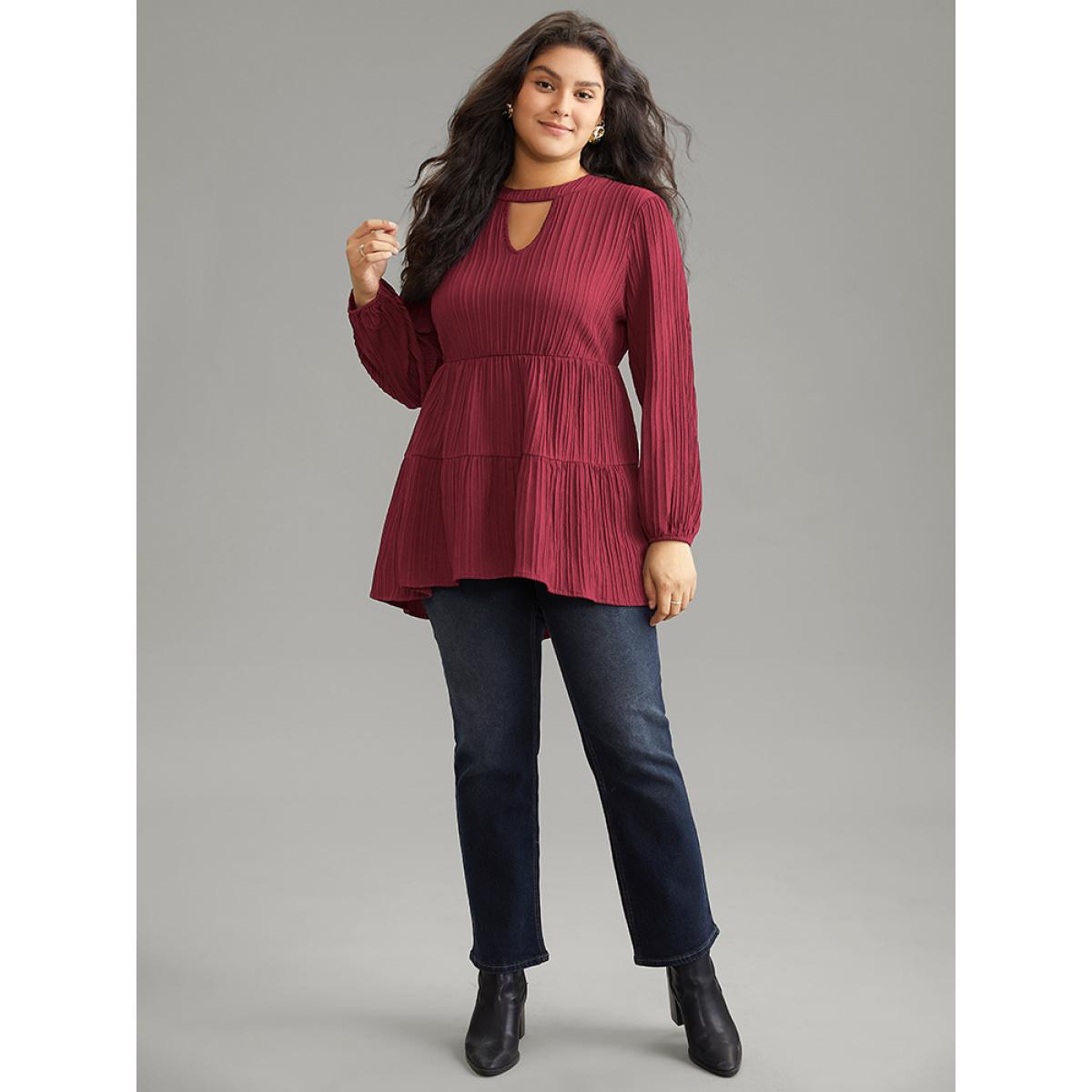 Plus Size Scarlet Keyhole Textured Lantern Sleeve Layered Hem Blouse Women Casual Long Sleeve Keyhole Cut-Out Dailywear Blouses BloomChic 28/5X Product Image