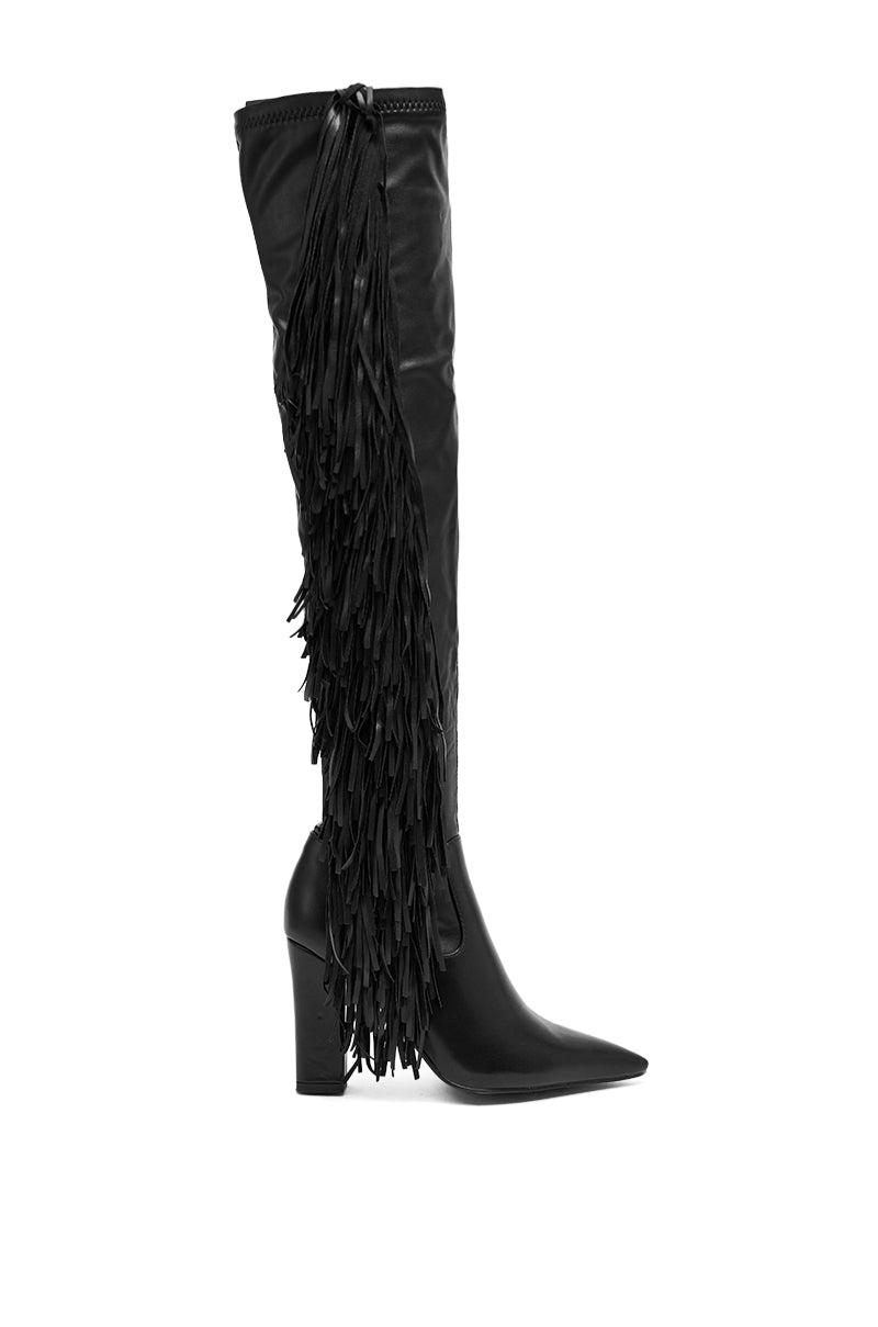 AZALEA WANG KATRICIA BLACK FRINGE CHUNKY BOOT Product Image