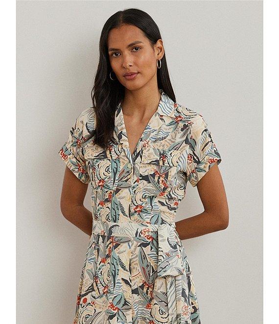Lauren Ralph Lauren Crepe de Chine Abstract Print Camp Collar Short Sleeve Belted Shirt Dress Product Image