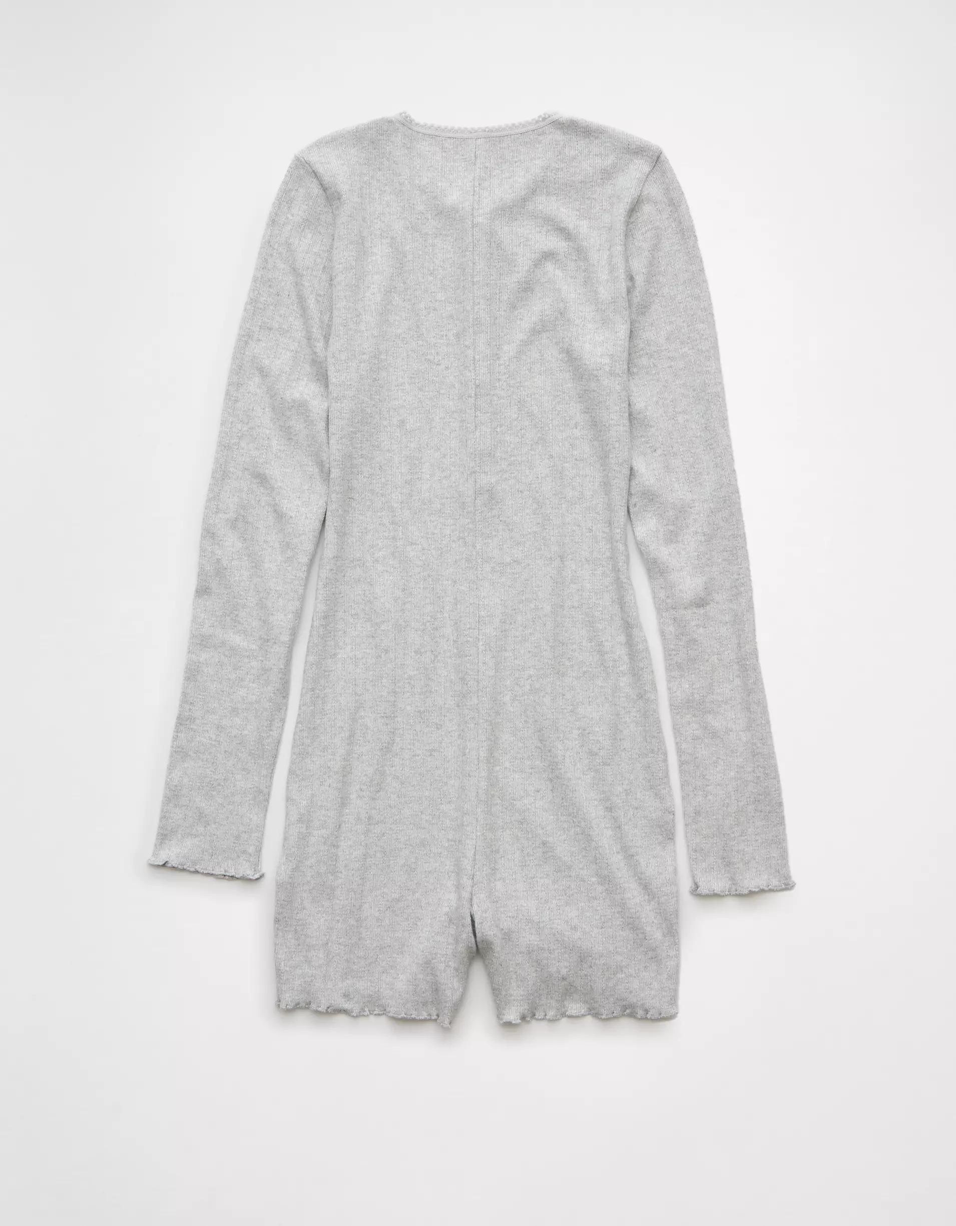 AE Long-Sleeve Henley Lounge Romper Product Image