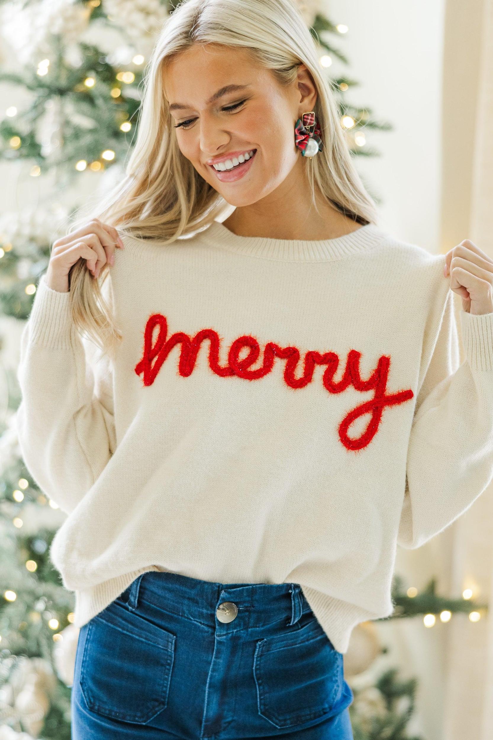 Be Merry Cream White Script Sweater Female Product Image