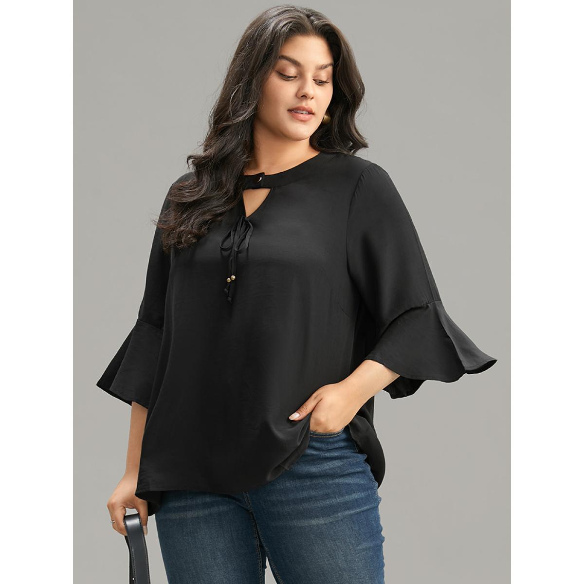 Plus Size Black Plain Ties Bell Sleeve Keyhole Button Up Blouse Women Office Elbow-length sleeve Keyhole Cut-Out Work Blouses BloomChic 28/5X Product Image
