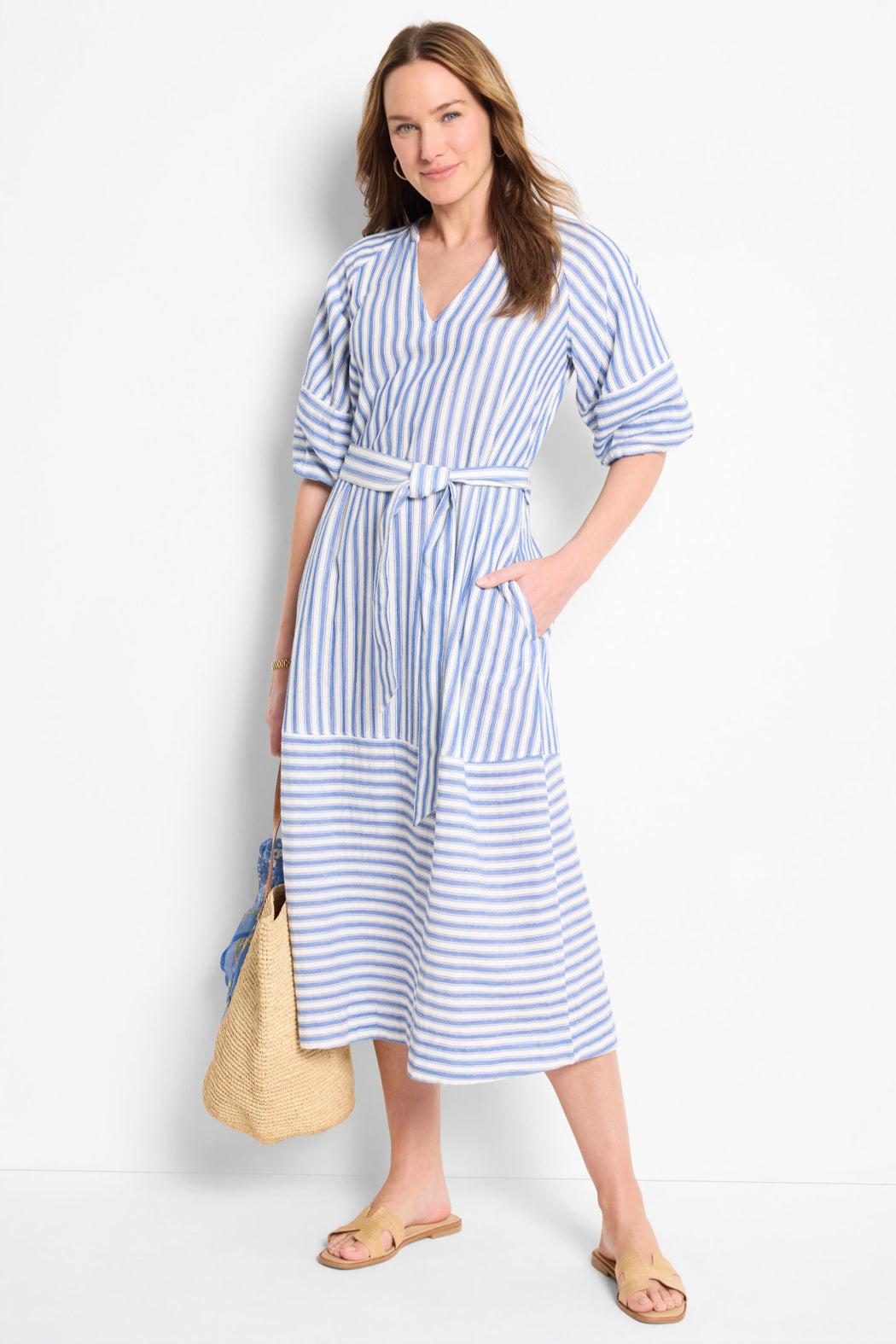 Double Gauze Mixed Stripe Dress- Blue Multi Product Image