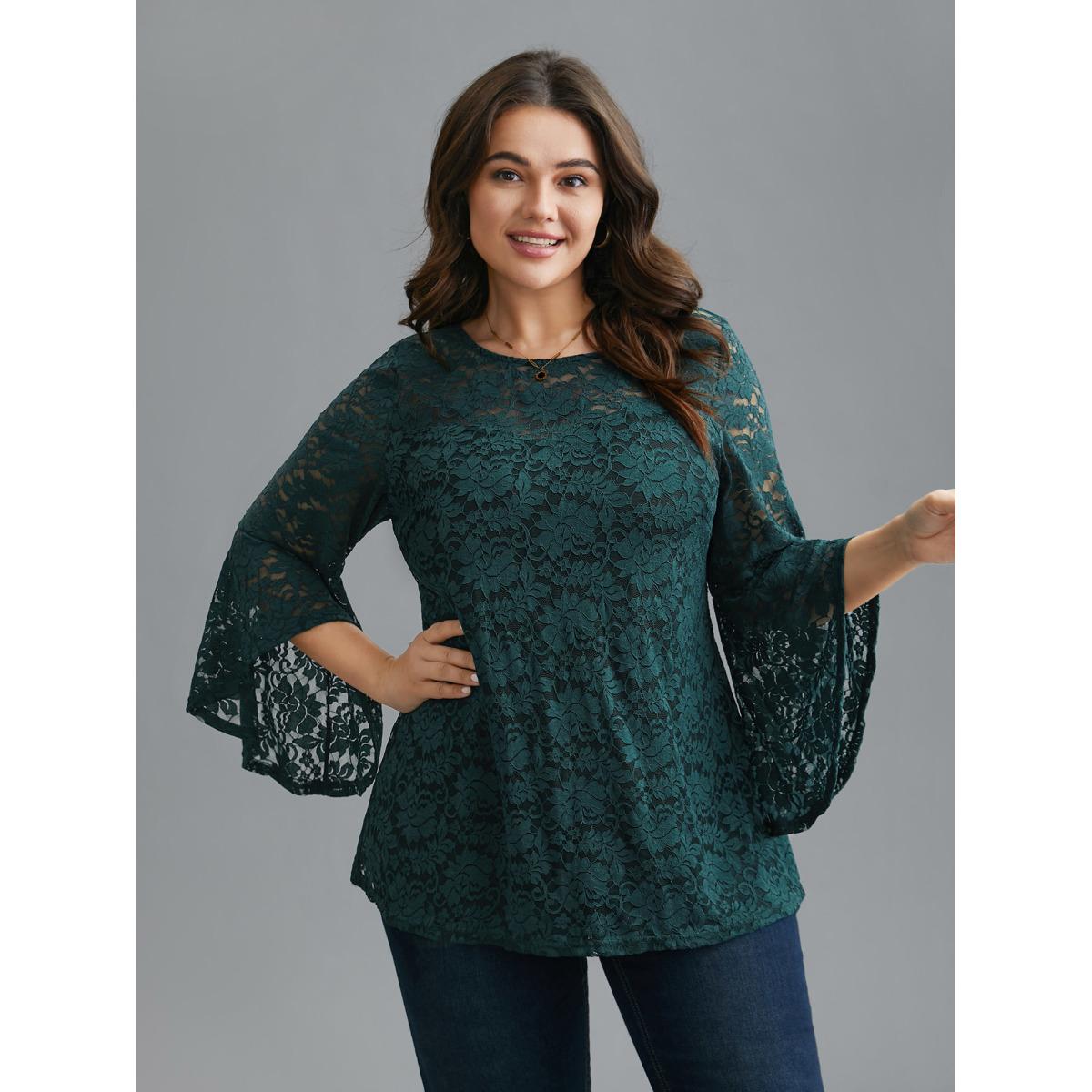 Plus Size DarkGreen Sheer Lace Irregular Sleeve Lined Shirt Women Romantic Long Sleeve Round Neck Elegant Blouses BloomChic 30/6X Product Image
