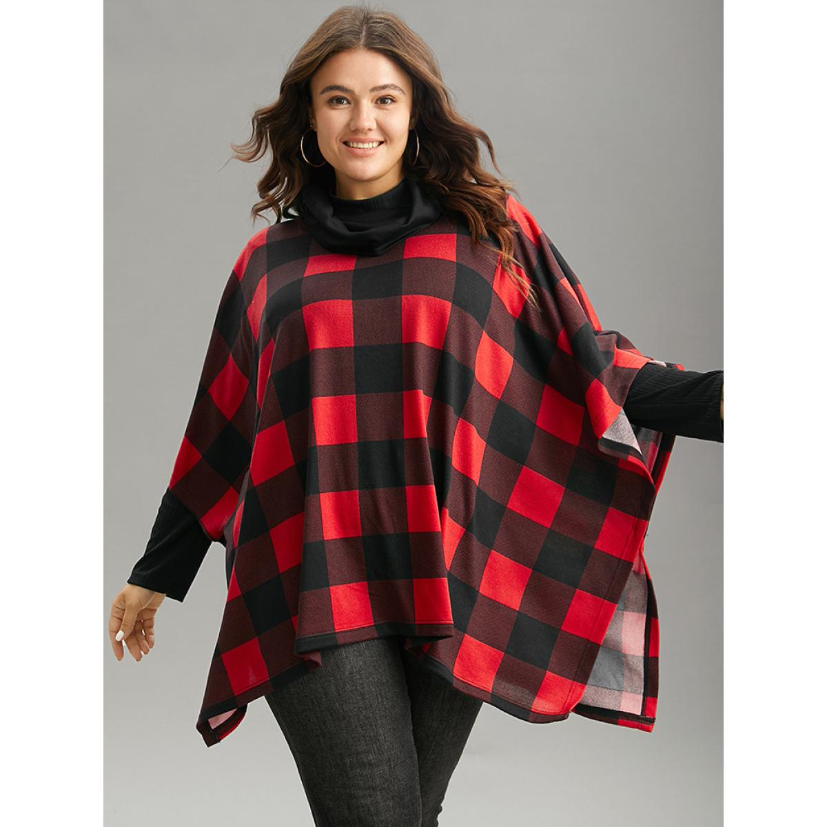 Plus Size Plaid Cowl Neck Dolman Sleeve Asymmetrical Hem Sweatshirt Women Red Casual Contrast Cowl Neck Festival-Christmas Sweatshirts BloomChic 12/L Product Image