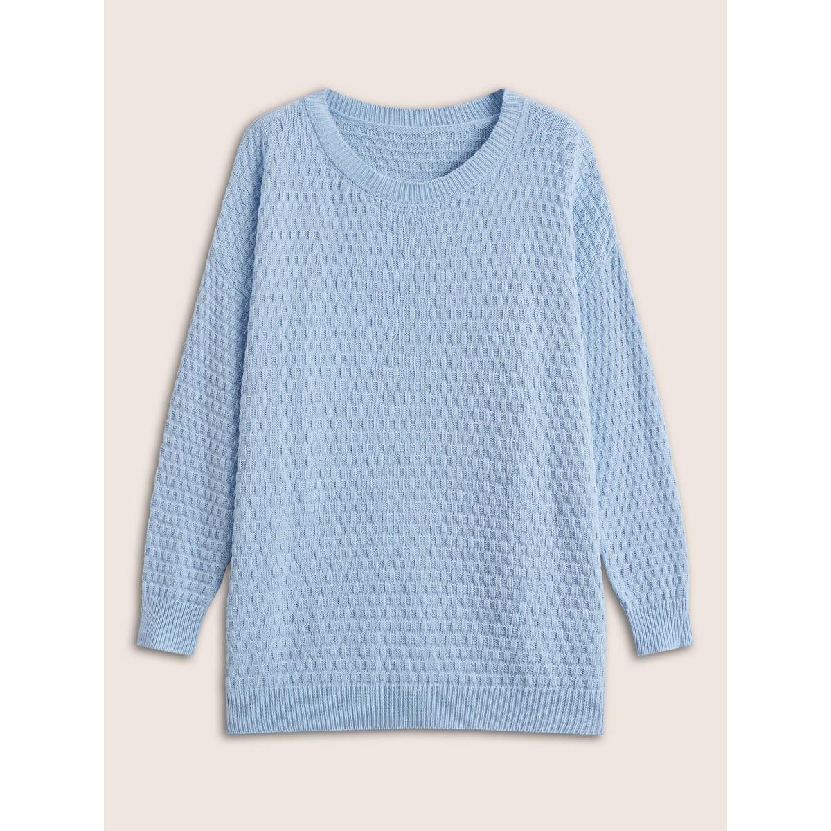 Plus Size Plain Texture Round Neck Elastic Cuffs Pullover LightBlue Women Basics Long Sleeve Round Neck Everyday Pullovers BloomChic 26/4X Product Image