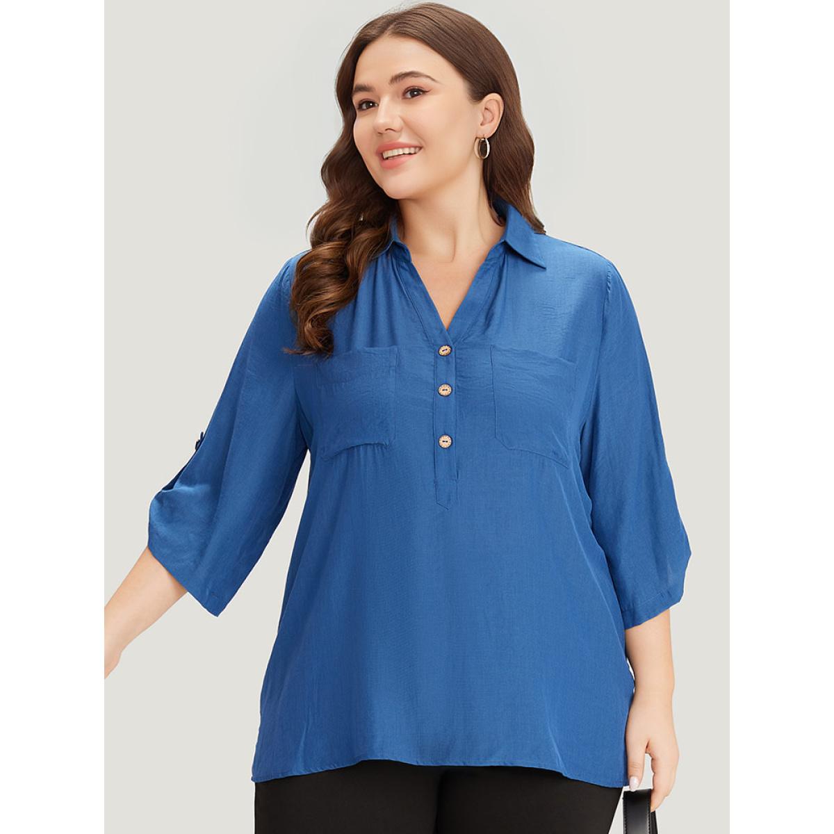 Plus Size Aegean Supersoft Essentials Solid Button Up Pocket Shirt Collar Blouse Women Office Elbow-length sleeve V-neck Dailywear Blouses BloomChic 18-20/2X Product Image