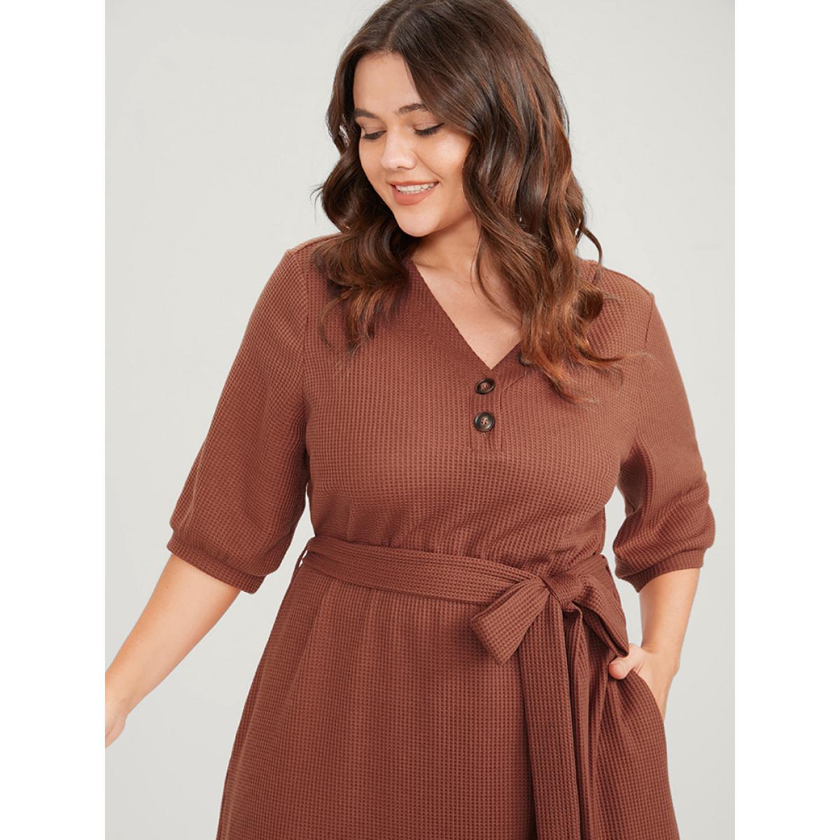Plus Size Solid Button Detail Pocket Belted Waffle Knit Dress Chocolate Women Office Belted V-neck Half Sleeve Curvy Midi Dress BloomChic 28/5X Product Image