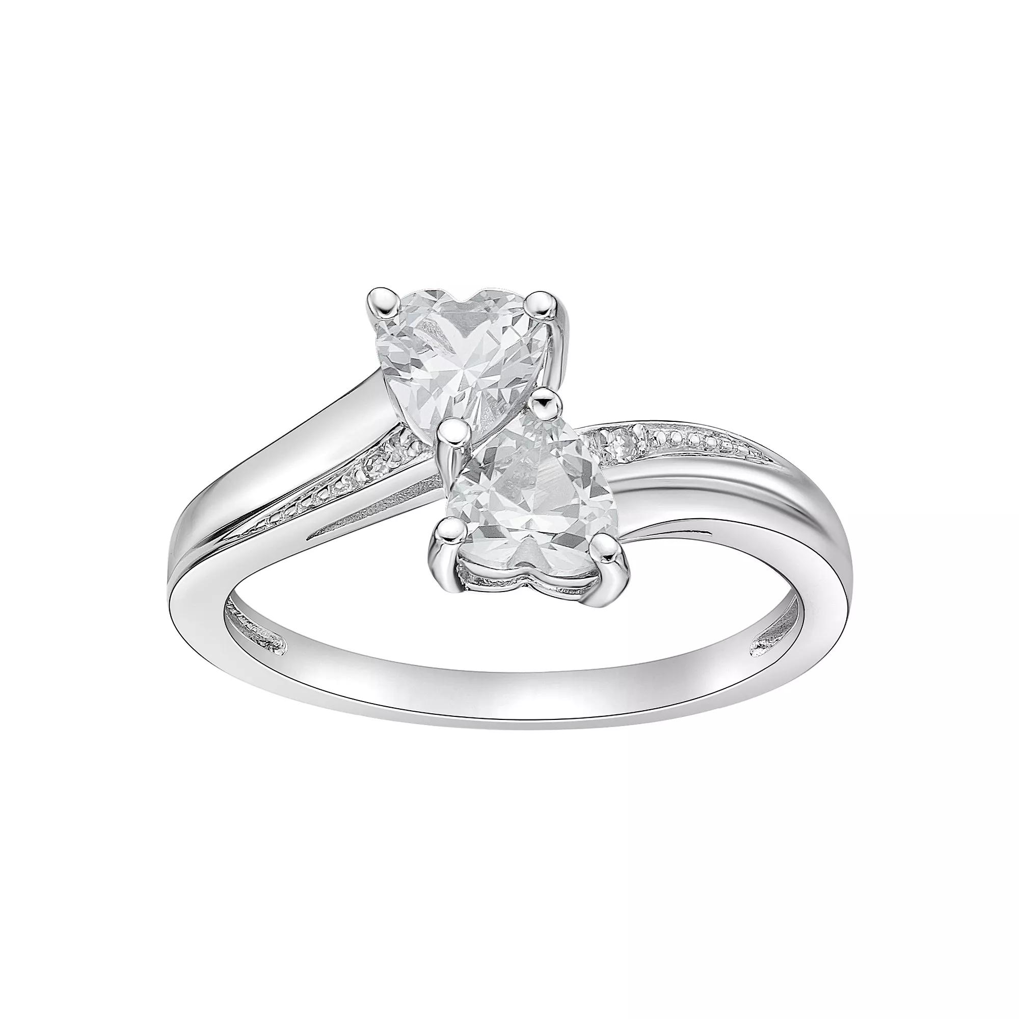 Gemminded Sterling Silver Gemstone & Diamond Accent Double Heart Bypass Ring, Women's, Size: 5, White Topaz Product Image